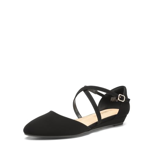 Pointed Toe Low Wedge Heeled Ankle Strap Flats Shoes for Women Dressy Comfortable, Casual Slip-on Dress Shoes for Business