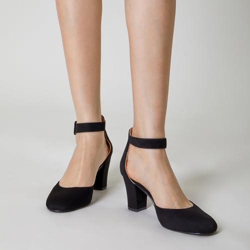 Heels for Women, Low Heel Closed Round Toe Chunky Block Nude Heels Adjustable Ankle Strap Comfy Pumps Shoes Black Heels for