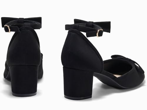 Womens Chunky Low Heels Bow Closed Toe Ankle Strap Pumps Elegant Wedding Party Dress Shoes