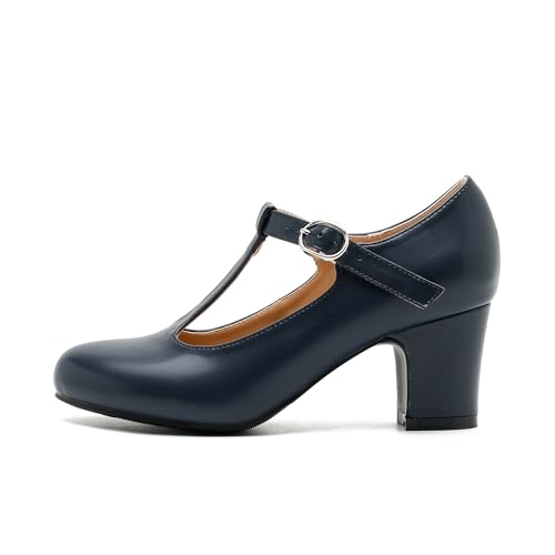 Women's T Strap Mary Jane Chunky Heel Low Block Pumps Round Toe Dress Office Work Shoes