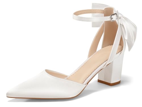 Womens Chunky Heels Low Heel Ankle Strap D'Orsay Pumps Closed Pointed Toe Wedding Bridal Shoes
