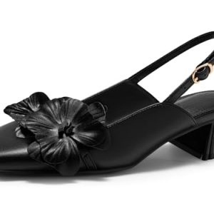 Womens Slingback Chunky Heels Flower Closed Square Toe Pumps Work Dress Shoes