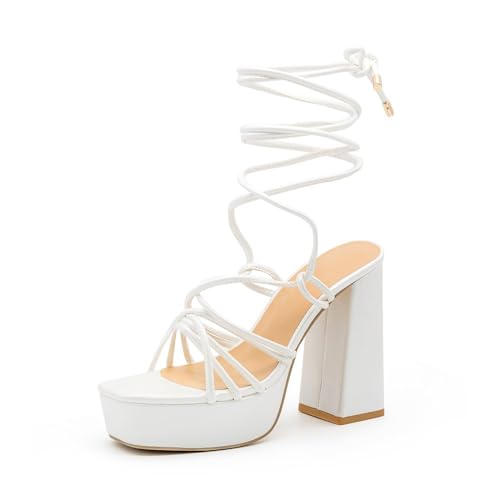 Women Platform Chunky High Heels Women's Ankle Buckle Square Toe Strappy Heeled Sandals Summer Leather Pumps Shoes