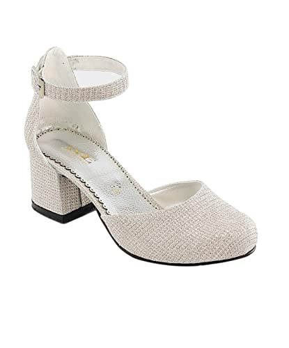 Flower Girls Communion Low Block Dress Cream and Gold Shoes Chunky Heels Closed Round Toe Ankle Strap Pump, Size US Little Kid