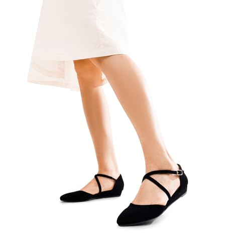 Pointed Toe Low Wedge Heeled Ankle Strap Flats Shoes for Women Dressy Comfortable, Casual Slip-on Dress Shoes for Business