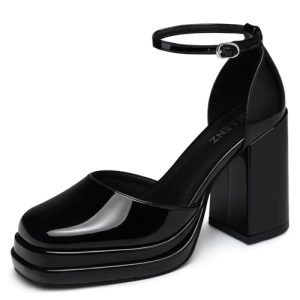 Women Chunky High Heels: Comfortable Ankle Strap Platform Pumps, Dress Wedding Shoes Party Bridal Graduation Pumps Black White