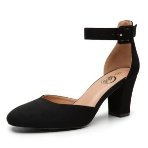 Heels for Women, Low Heel Closed Round Toe Chunky Block Nude Heels Adjustable Ankle Strap Comfy Pumps Shoes Black Heels for
