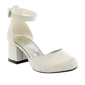 Flower Girls Communion Low Block Dress Cream Shoes Chunky Heels Closed Round Toe Ankle Strap Pump, Size US Little Kid 12