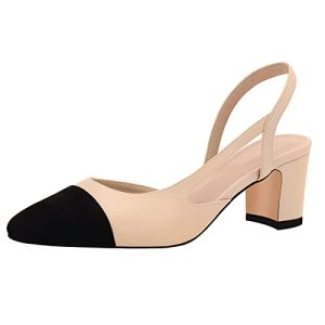 Slingback Heels for Women，Round Toe Chunky Heeled Pumps Ankle Strap Fashion Splicing Dress Shoes