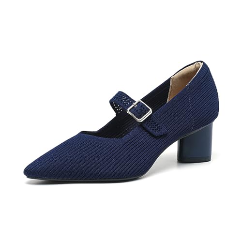 Women's Knit Chunky Heel Pumps with Adjust Buckle Strap Fashion Comfortable Pointed Toe Block Heels Mary Janes Pumps for Party