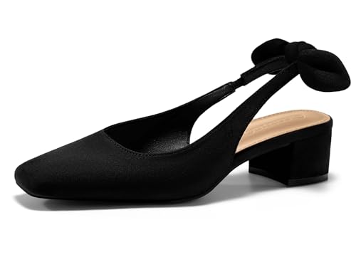 Womens Chunky Low Heels Bow Slingback Pumps Closed Square Toe Wedding Party Dress Shoes