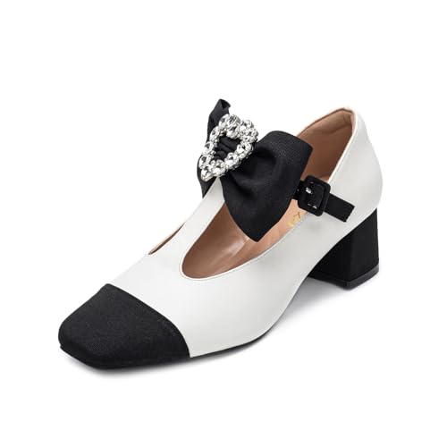 Women's Mary Jane Shoes - Square Toe Ankle T-Strap Chunky Heel Pumps with Glitter Bow Two-Tone Design