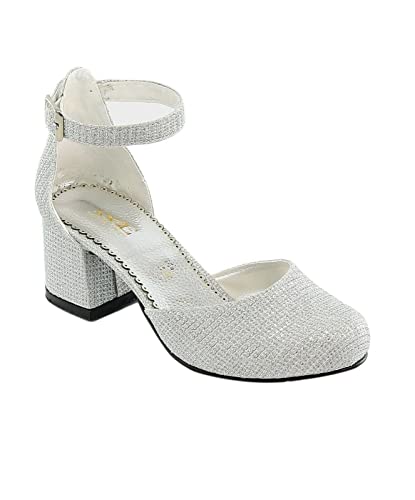 Flower Girls Communion Low Block Dress Silver Shoes Chunky Heels Closed Round Toe Ankle Strap Pump, Size US Little Kid 10