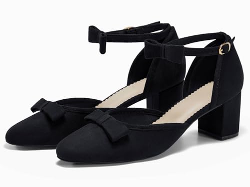Womens Chunky Low Heels Bow Closed Toe Ankle Strap Pumps Elegant Wedding Party Dress Shoes