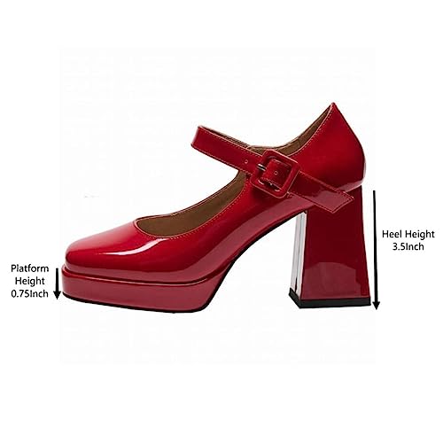 Women's Platform Chunky Heels Square Toe Block Heel Mary Janes Pumps Shoes