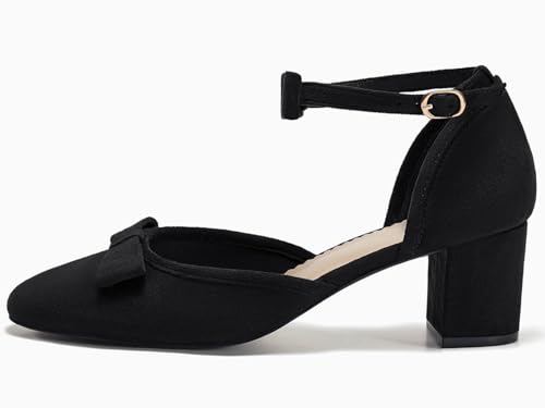 Womens Chunky Low Heels Bow Closed Toe Ankle Strap Pumps Elegant Wedding Party Dress Shoes