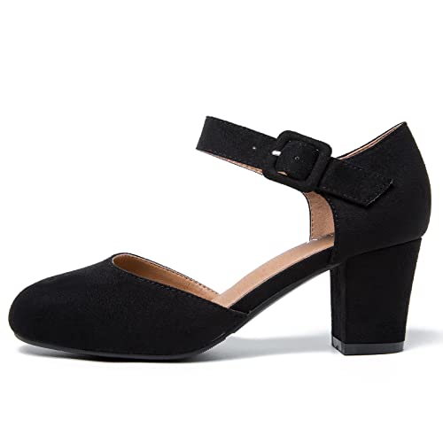 Women's Ankle Strap Pumps Closed Round Toe Buckle Low Chunky Block Heel D'Orsay Sandals Comfortable Dress Wedding Party Office