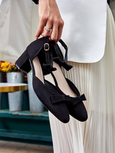 Womens Chunky Low Heels Bow Closed Toe Ankle Strap Pumps Elegant Wedding Party Dress Shoes