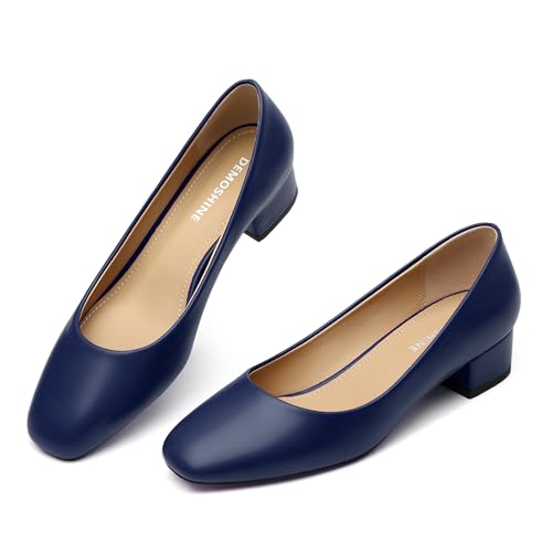 Women's Low Heel Pumps 1.2 Inch Square Toe Slip On Chunky Block Heel Comfortable Dress Shoes for Office Work Business Casual