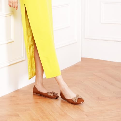 Women's Flats | Square Toe Shoes for Women | Leather Flat Shoes for Women | Slip On Ballet Flats | Bowknot Dressy Flat for Work