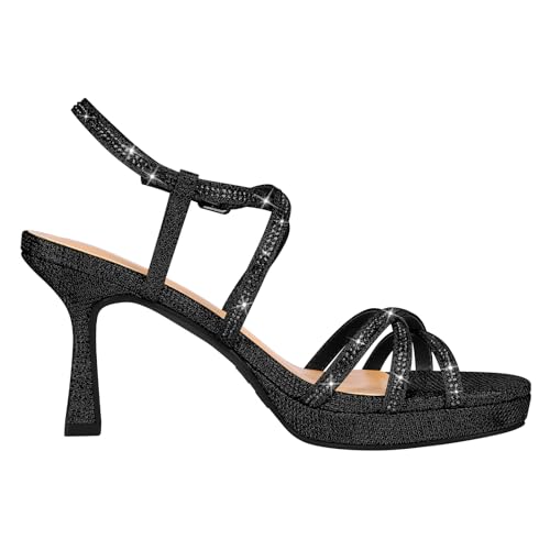 Women's Stellora Platform High Heels Block Chunky Strappy Sparkly Rhinestone Open Toe Ankle Strap Dress Pump Sandals Shoes for