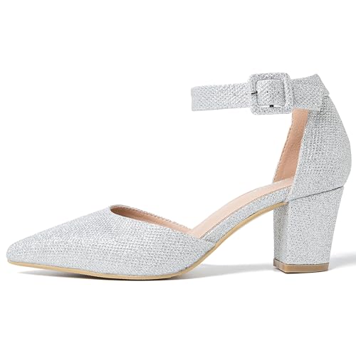 Women's Pointed Toe Pumps Low Block Chunky Heels Closed Toe Ankle Strap Buckle D'Orsay Dress Wedding Business Shoes