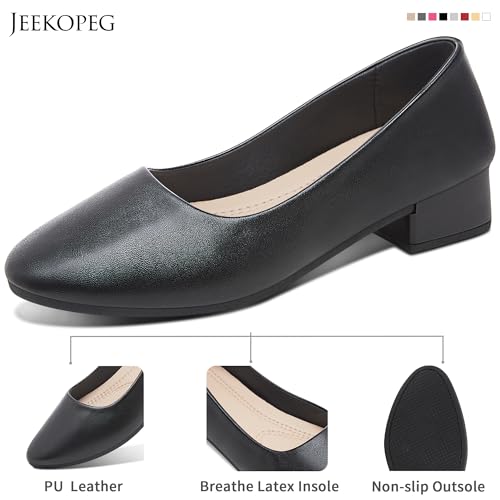 Low Chunky Pumps Women's Round Toe Heels PU Leather Chunky Pump Shoes Classic Closed Toe Pumps Low Heel Dress Shoes for Women