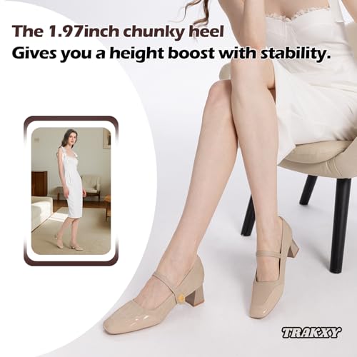 Women's Mary Jane Heels - Chunky Block Heel Pumps with Square Toe & Buckle Straps, Comfortable Dress Shoes for Wedding, Office,