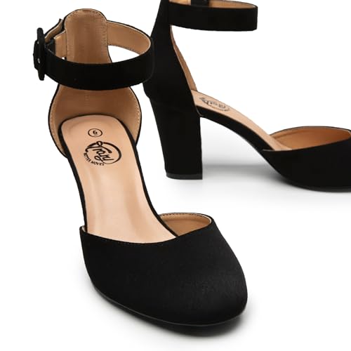 Heels for Women, Low Heel Closed Round Toe Chunky Block Nude Heels Adjustable Ankle Strap Comfy Pumps Shoes Black Heels for
