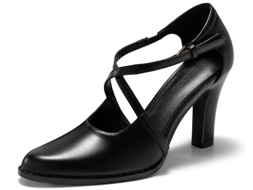 Womens Chunky High Heels Dress Shoes Closed Pointed Toe Cross Strap Buckle Pumps Vintage D'Orsay Party Shoes