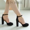 Black Platform Closed Toe Heels for Women, Womens Heels Closed Round Toe Chunky Block Pumps Shoes, 4 Inch