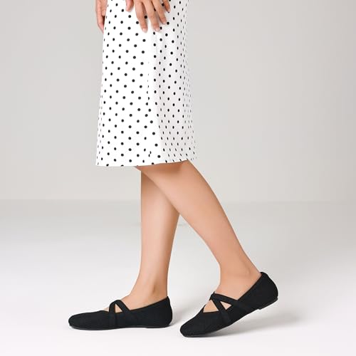 Flats for Women Square Toe Ballet Flats Cross Strap Comfortable Arch Support Dressy Knit Flats for Women Mary Jane Flats Slip On
