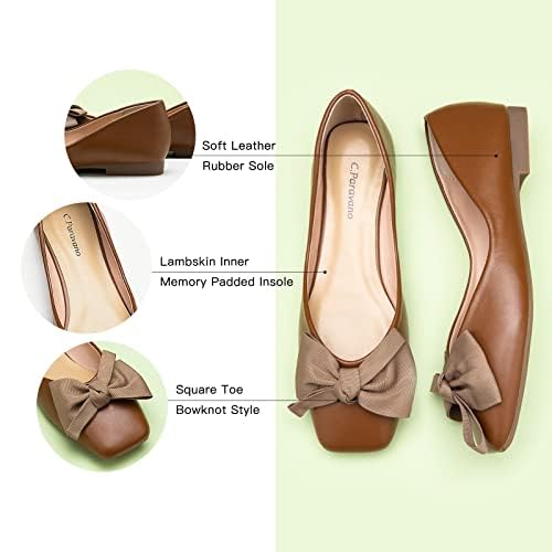 Women's Flats | Square Toe Shoes for Women | Leather Flat Shoes for Women | Slip On Ballet Flats | Bowknot Dressy Flat for Work