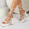 Women Platform Chunky High Heels Women's Ankle Buckle Square Toe Strappy Heeled Sandals Summer Leather Pumps Shoes