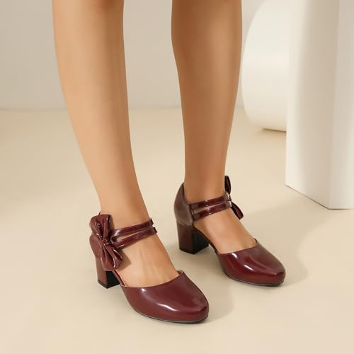 Women's Bow Closed Round Toe Ankle Strap Pumps D'Orsay Low Block Chunky Heels Elegant Wedding Bridal Party Dress Shoes