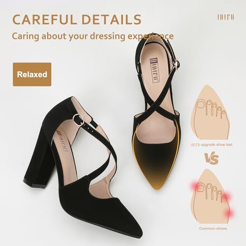 Women's IN4 Chunky High Heels Pumps Closed Toe Block Strappy Heels Pointed Toe Dress Shoes for Women Prom Wedding Party Office