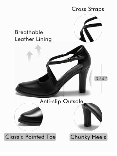 Womens Chunky High Heels Dress Shoes Closed Pointed Toe Cross Strap Buckle Pumps Vintage D'Orsay Party Shoes