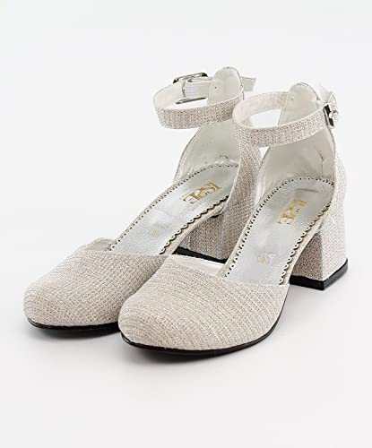 Flower Girls Communion Low Block Dress Cream and Gold Shoes Chunky Heels Closed Round Toe Ankle Strap Pump, Size US Little Kid