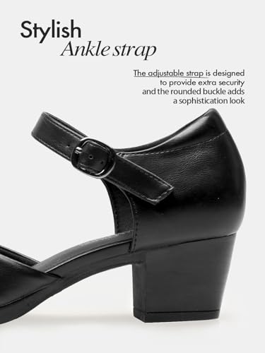 Women's Dress Shoes Mary Janes Comfortable Low Block Heels Pumps Round Closed Toe Chunky Ankle Strap Shoes for Work Flight