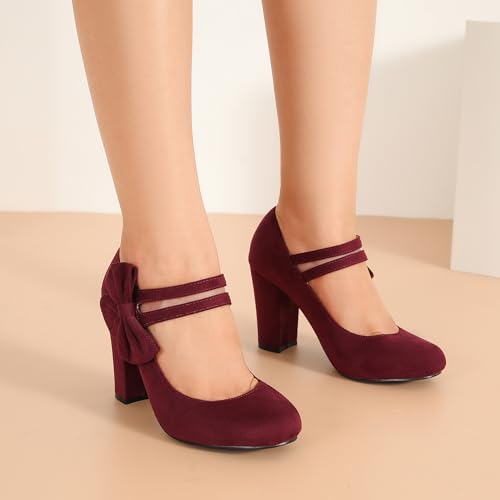 Womens Bow Heels Mary Jane Shoes Round Toe Chunky High Heel Side Bow Dress Pumps
