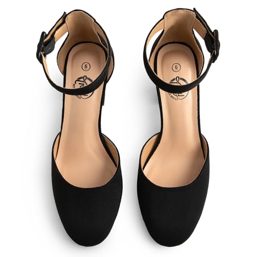 Heels for Women, Low Heel Closed Round Toe Chunky Block Nude Heels Adjustable Ankle Strap Comfy Pumps Shoes Black Heels for