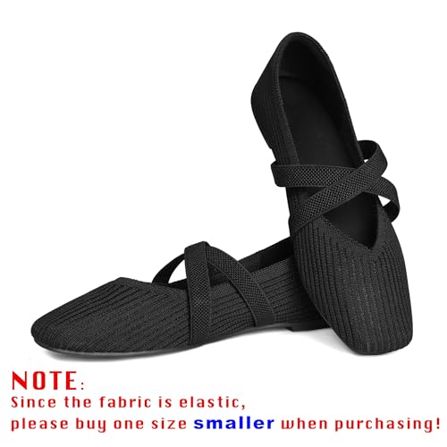 Flats for Women Square Toe Ballet Flats Cross Strap Comfortable Arch Support Dressy Knit Flats for Women Mary Jane Flats Slip On