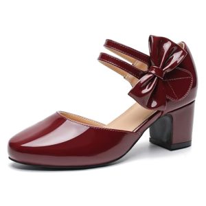 Women's Bow Closed Round Toe Ankle Strap Pumps D'Orsay Low Block Chunky Heels Elegant Wedding Bridal Party Dress Shoes