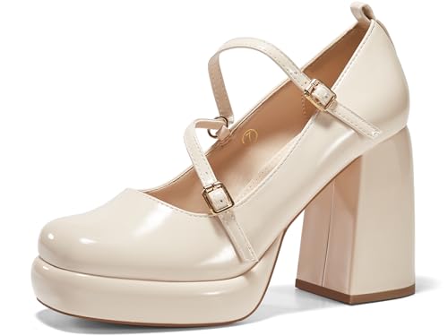 Womens Mary Jane Heels Chunky Platform Loafer Shoes Block Heel Closed Square Toe Pumps Cross Strap High Heel Dress Shoes