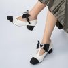 Women's Mary Jane Shoes - Square Toe Ankle T-Strap Chunky Heel Pumps with Glitter Bow Two-Tone Design