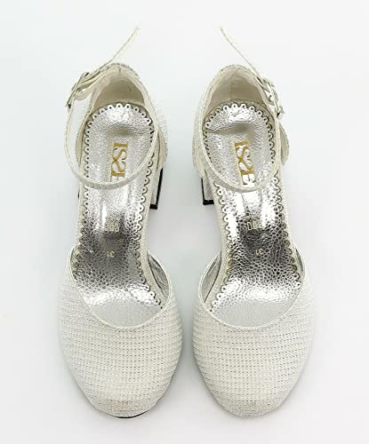 Flower Girls Communion Low Block Dress Cream Shoes Chunky Heels Closed Round Toe Ankle Strap Pump, Size US Little Kid 12