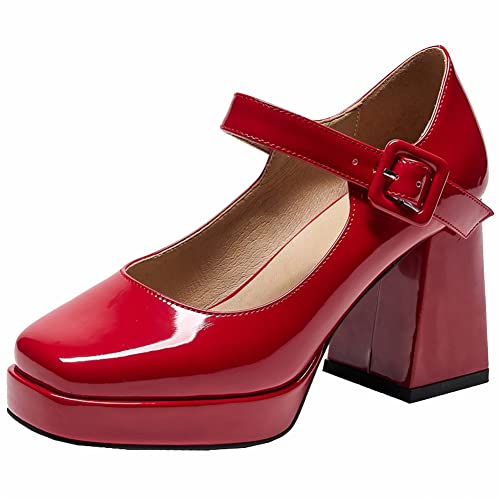 Women's Platform Chunky Heels Square Toe Block Heel Mary Janes Pumps Shoes