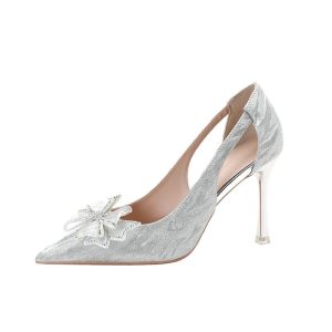 Women's Bow Closed Pointed Toe Pumps Slip on Office Work Dress Shoes Closed Pointy Toe Sexy Chunky High Heels