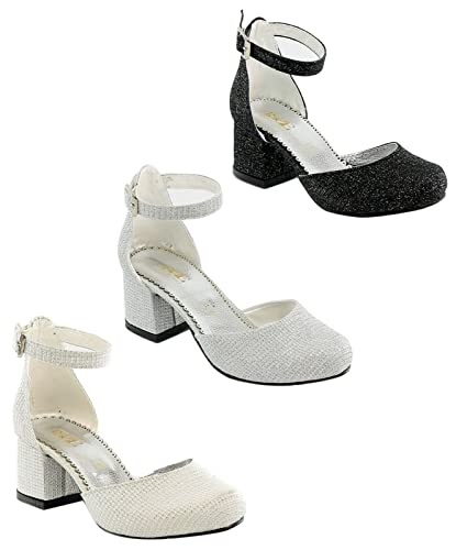 Flower Girls Communion Low Block Dress Cream Shoes Chunky Heels Closed Round Toe Ankle Strap Pump, Size US Little Kid 12