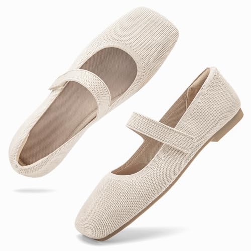 Wide Toe Box Flats Women Comfort Slip On Ballet Shoes Mary Jane Dressy Knit Flats with Adjustable Straps Washable Casual Office